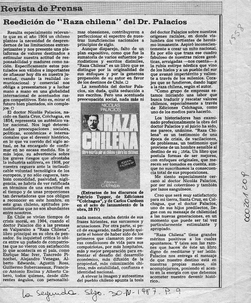 Reedición de "Raza chilena" del Dr. Palacios  [artículo].