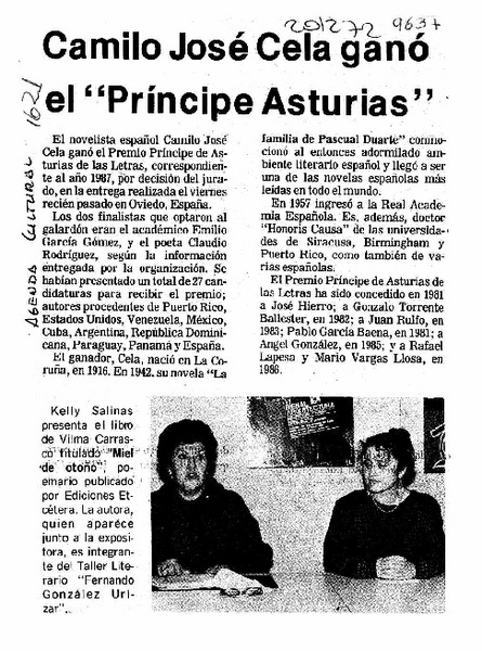Camilo José Cela ganó el "Príncipe Asturias"  [artículo].