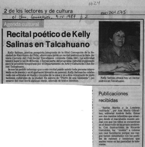 Recital poético de Kelly Salinas en Talcahuano  [artículo].