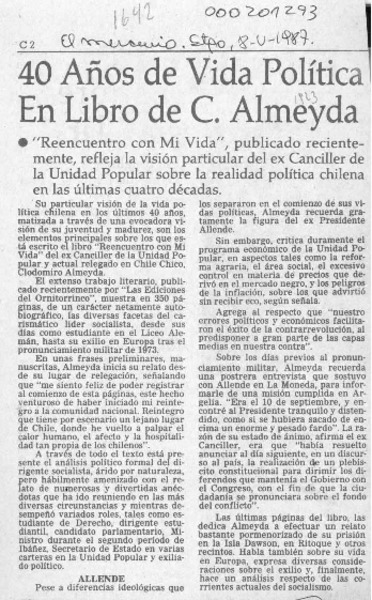 40 años de vida política en libro de C. Almeyda  [artículo].
