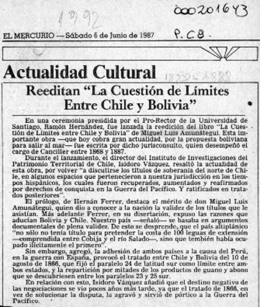 Reeditan "La cuestión de límites entre Chile y Bolivia"  [artículo].