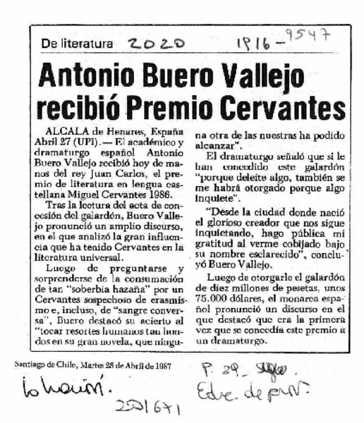 Antonio Buero Vallejo recibió Premio Cervantes  [artículo].