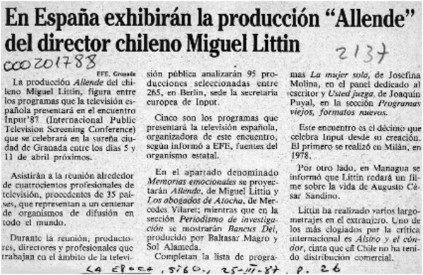 En España exhibirán la producción "Allende" del director chileno Miguel Littin  [artículo].
