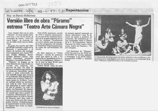 Versión libre de obra "Páramo" estrena "Teatro Arte Cámara Negra"  [artículo].