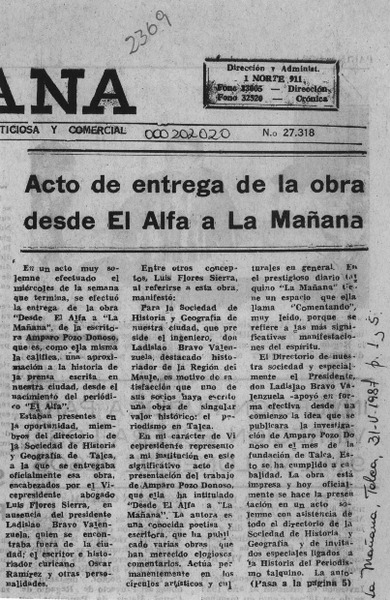 Acto de entrega de la obra "Desde "El Alfa" a "La Mañana"  [artículo].