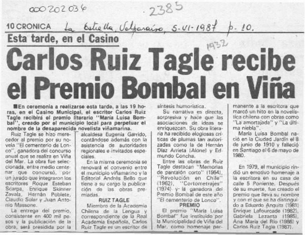 Carlos Ruiz Tagle recibe el Premio Bombal en Viña  [artículo].