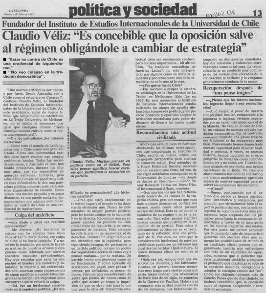 Claudio Véliz, "Es concebible que la oposición salve al régimen obligándole a cambiar de estrategia"