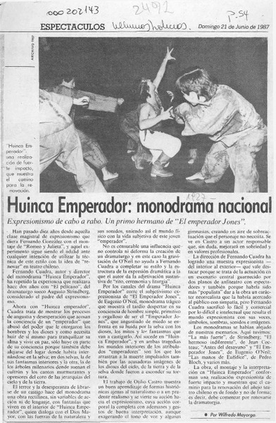 Huinca emperador, monodrama nacional  [artículo] Wilfredo Mayorga.