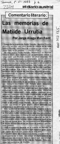 Las memorias de Matilde Urrutia  [artículo] Jorge Aliaga Marchant.