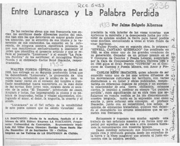 Entre "Lunarasca" y "La palabra perdida"  [artículo] Jaime Salgado Albornoz.