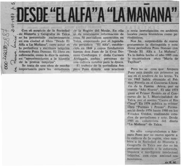 Desde "El Alfa" a "La Mañana"  [artículo] O. R. M.