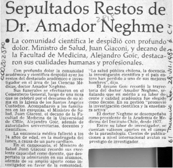 Sepultados restos de Dr. Amador Neghme  [artículo].
