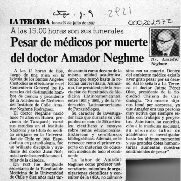 Pesar de médicos por muerte del doctor Amador Neghme  [artículo].