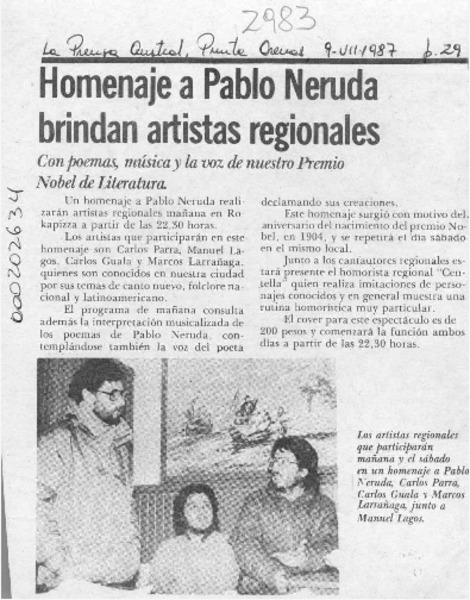 Homenaje a Pablo Neruda brindan artistas regionales  [artículo].