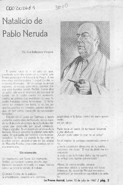 Natalicio de Pablo Neruda  [artículo] José Ballestero Vergara.