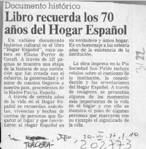 Libro recuerda los 70 años del "Hogar español"  [artículo].