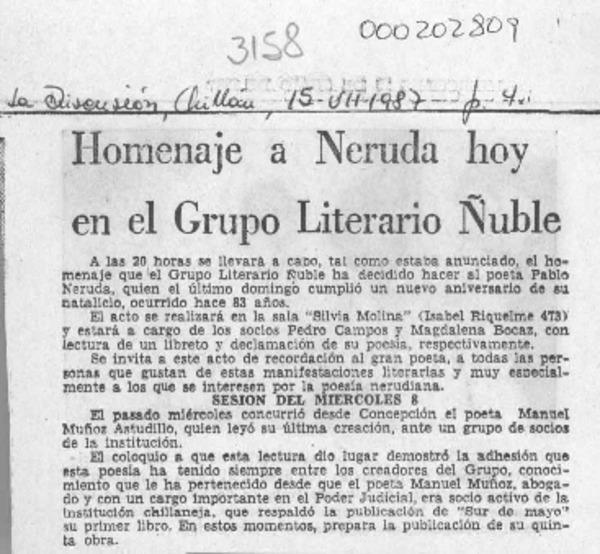 Homenaje a Neruda hoy en el Grupo Literario Ñuble  [artículo].