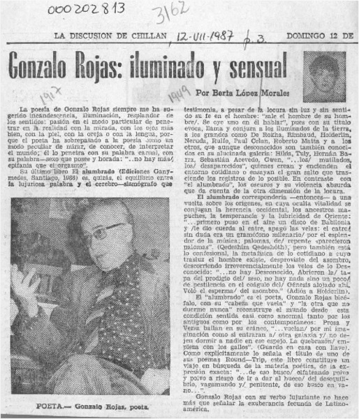 Gonzalo Rojas, iluminado y sensual  [artículo] Berta López Morales.