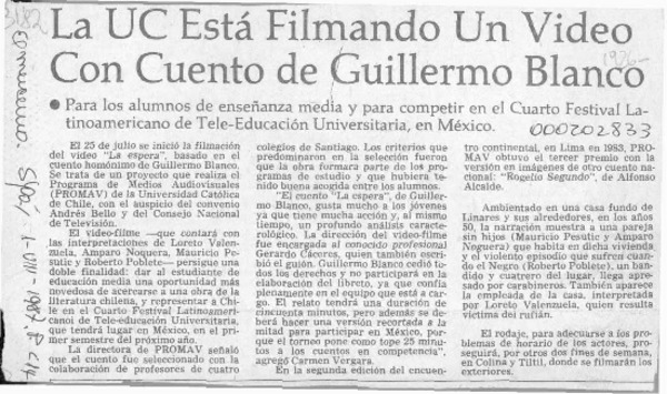 La UC está filmando un video con cuento de Guillermo Blanco  [artículo].