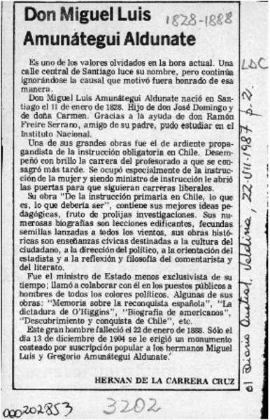 Don Miguel Luis Amunátegui Aldunate  [artículo] Hernán de la Carrera Cruz.