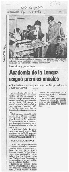 Academia de la Lengua asignó premios anuales  [artículo].