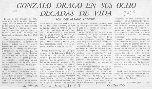 Gonzalo Drago en sus ocho décadas de vida  [artículo] José Arraño Acevedo.