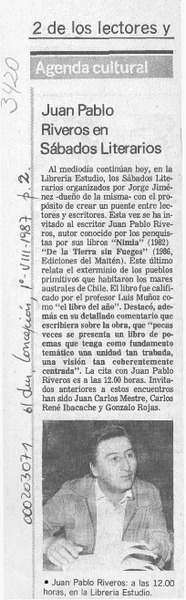 Juan Pablo Riveros en sábados literarios  [artículo].