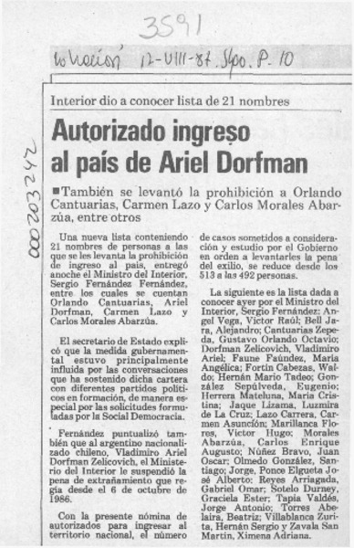 Autorizado ingreso al país de Ariel Dorfman  [artículo].