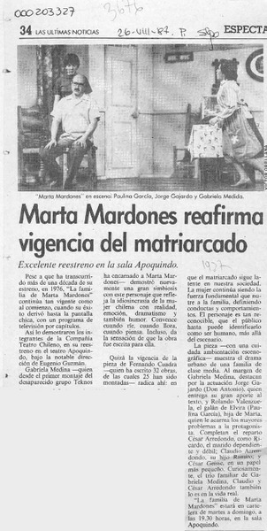 Marta Mardones reafirma vigencia del matriarcado  [artículo].
