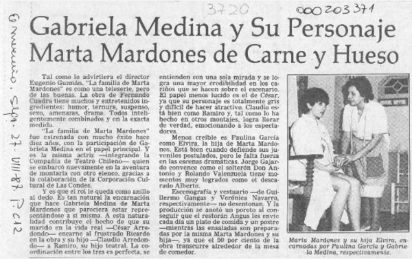 Gabriela Medina y su personaje Marta Mardones de carne y hueso  [artículo].