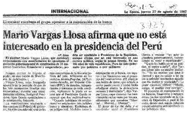 Mario Vargas Llosa afirma que no está interesado en la presidencia del Perú  [artículo].