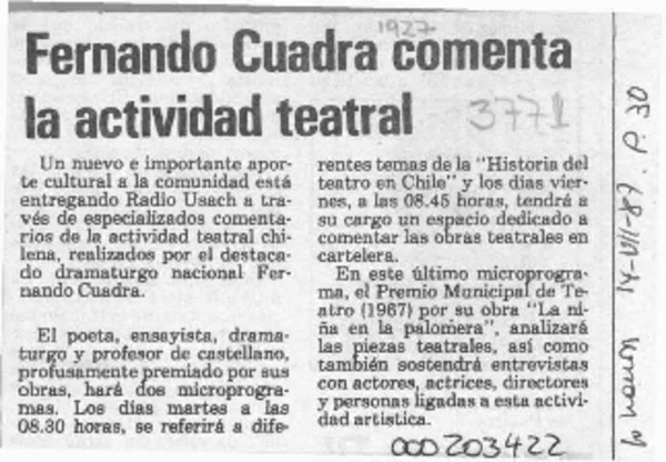 Fernando Cuadra comenta la actividad teatral  [artículo].