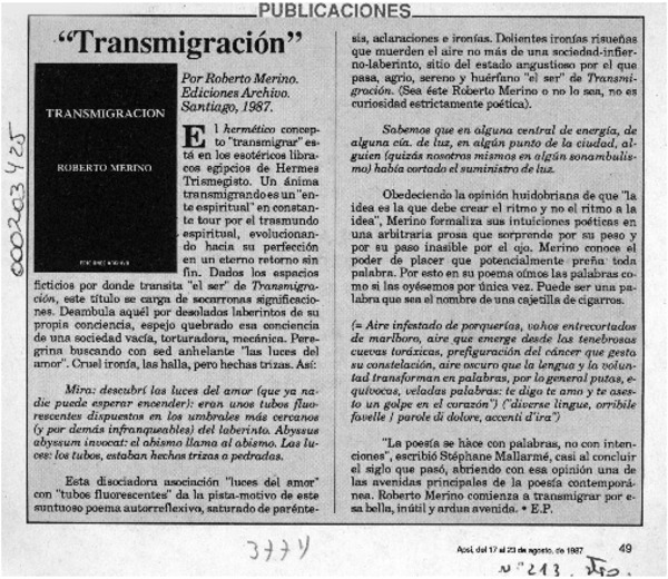 "Transmigración"  [artículo] E. P.
