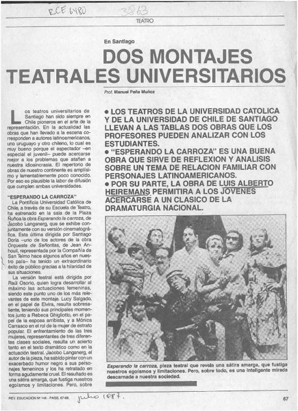 Dos montajes teatrales universitarios  [artículo] Manuel Peña Muñoz.