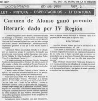 Carmen de Alonso ganó premio literario dado por IV Región  [artículo].