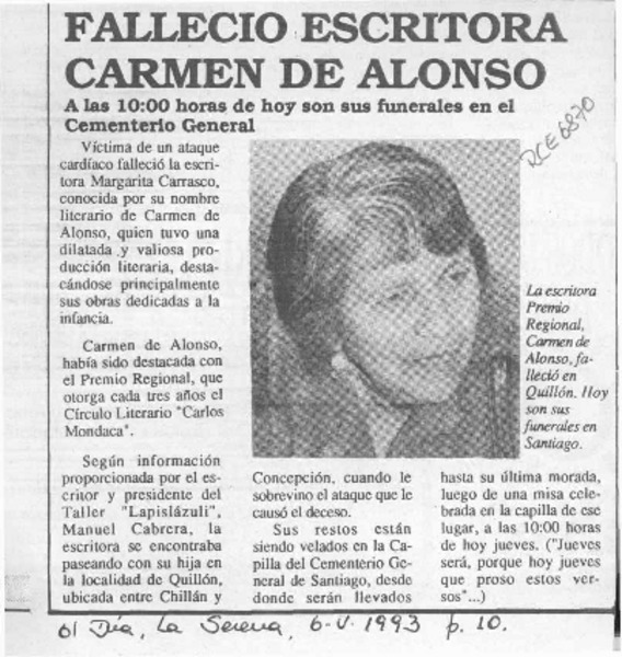 Falleció escritora Carmen de Alonso  [artículo].