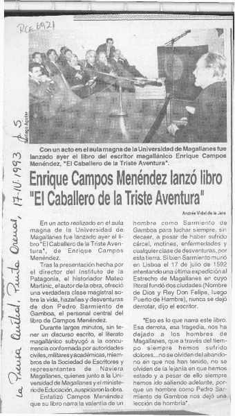 Enrique Campos Menéndez lanzó libro "El caballero de la triste aventura"  [artículo] Andrés Vidal de la Jara.