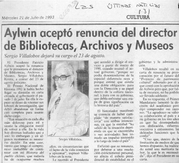 Aylwin aceptó renuncia del director de Bibliotecas, Archivos y Museos  [artículo].