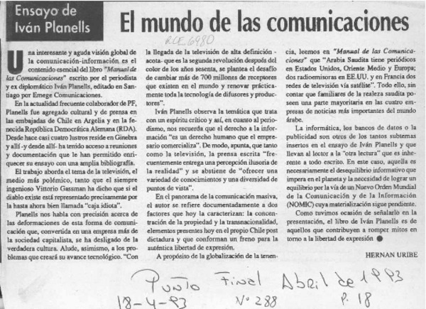 El mundo de las comunicaciones  [artículo] Hernán Uribe.