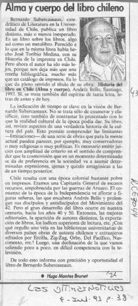 Alma y cuerpo del libro chileno  [artículo] Hugo Montes Brunet.