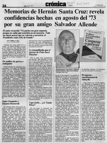 Memorias de Hernán Santa Cruz, revela confidencias hechas en agosto del '73 por su gran amigo Salvador Allende