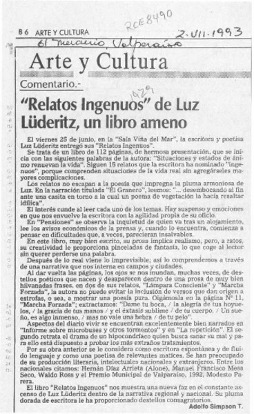 "Relatos ingenuos" de Luz Luderitz, un libro ameno  [artículo] Adolfo Simpson T.