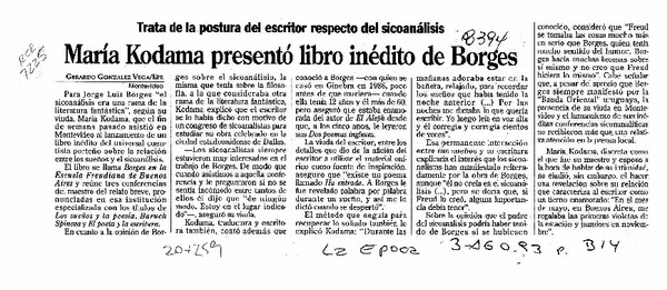María Kodama presentó libro inédito de Borges  [artículo] Gerardo González Vega.