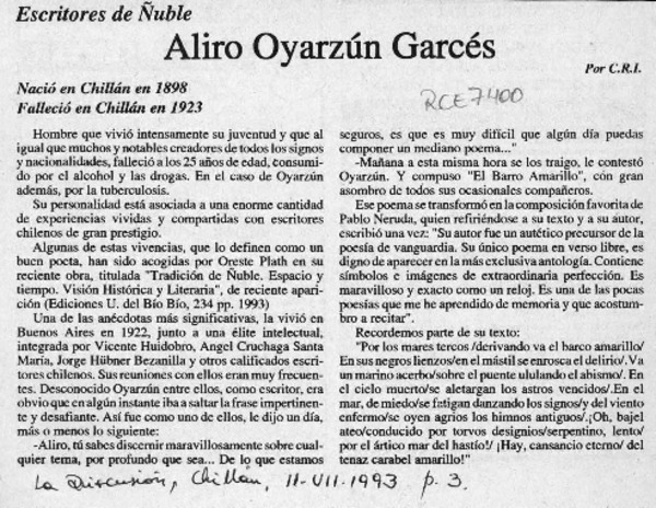 Aliro Oyarzún Garcés  [artículo] C. R. I.