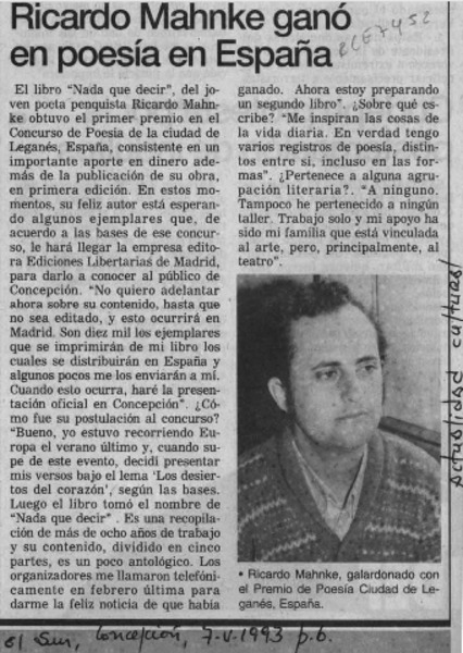 Ricardo Mahnke ganó en poesía en España  [artículo].