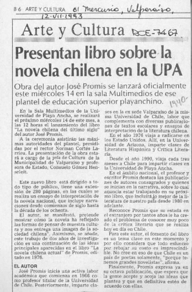 Presentan libro sobre la novela chilena en la UPA  [artículo].
