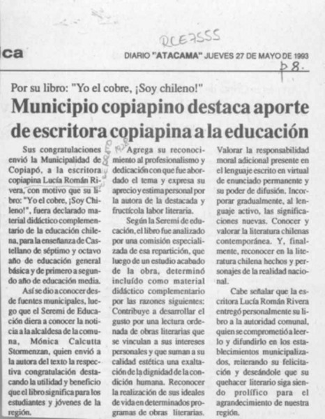 Municipio copiapino destaca aporte de escritora copiapina a la educación  [artículo].