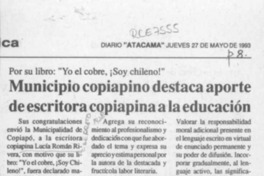 Municipio copiapino destaca aporte de escritora copiapina a la educación  [artículo].