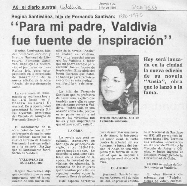 "Para mi padre, Valdivia fue fuente de inspiración"  [artículo].