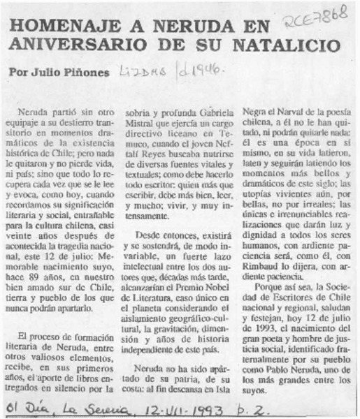 Homenaje a Neruda en aniversario de su natalicio  [artículo] Julio Piñones.